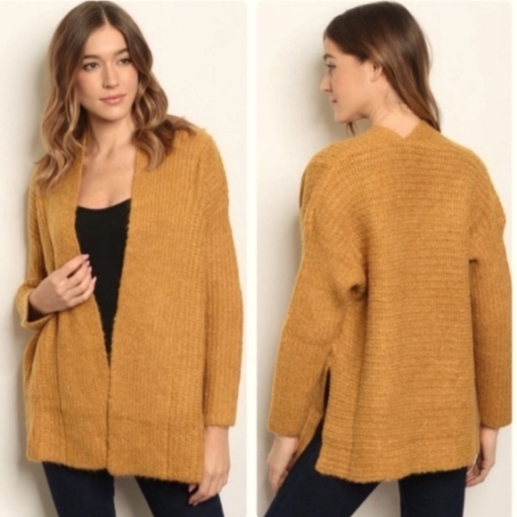 LK Luv Split side open front Mustard cardigan size medium - Picture 1 of 12